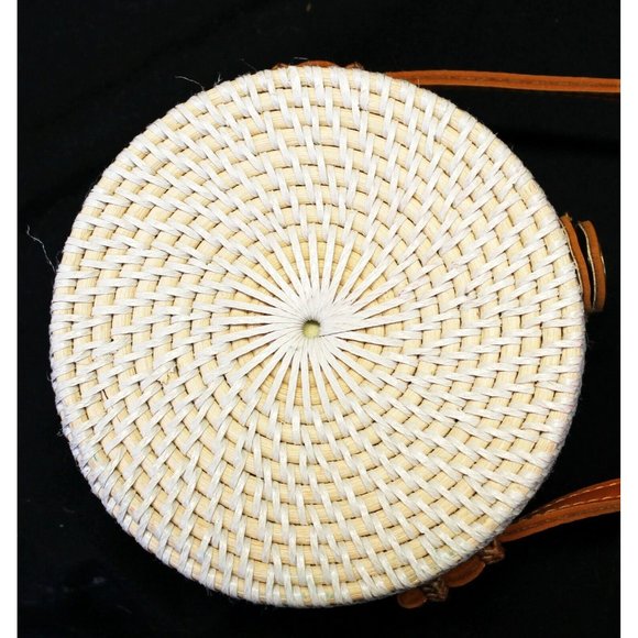 Round Crossbody Sm Woven Rattan White with Orange Accent, Brown Strap - Picture 6 of 10